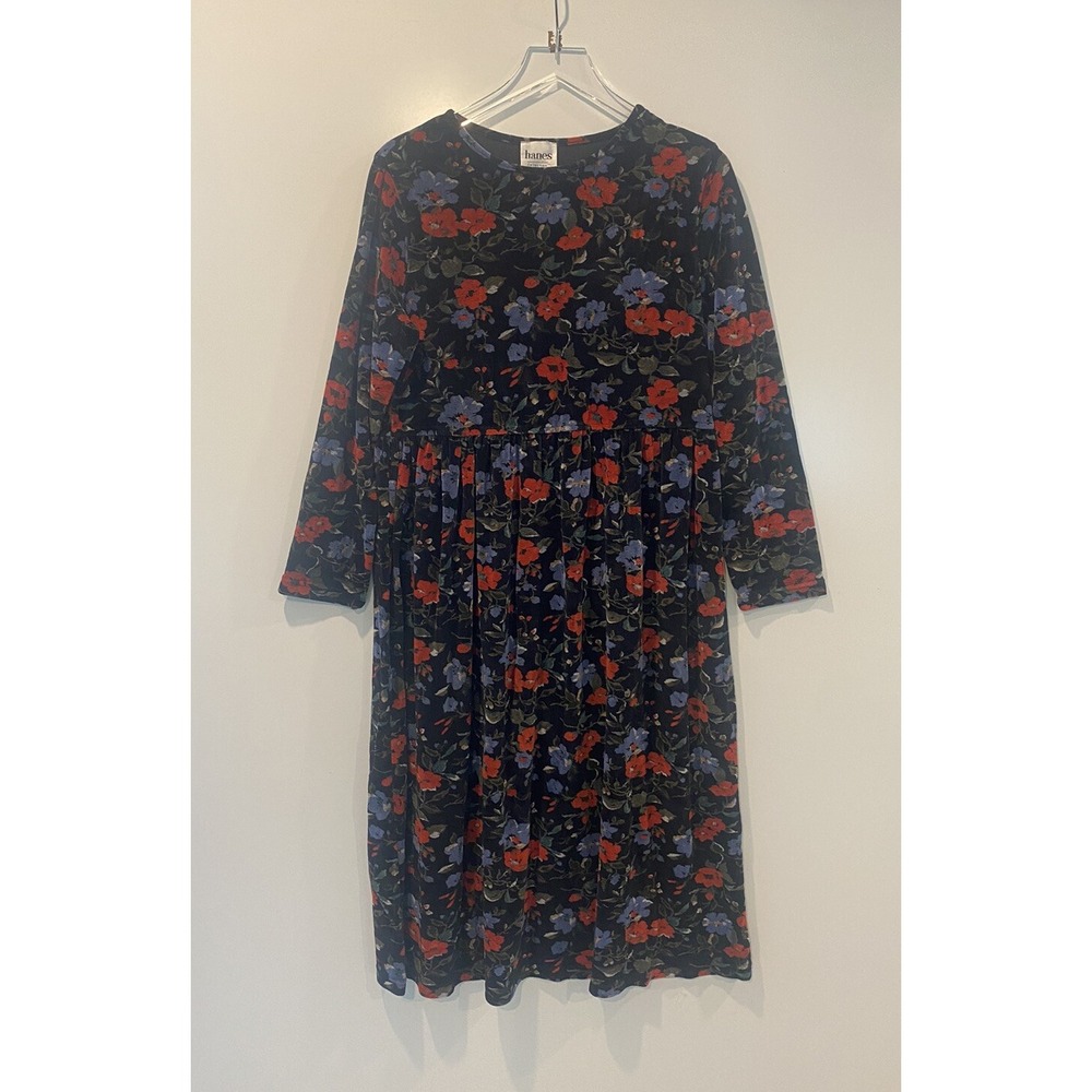 Hanes‎ Signature Collection Floral Long Sleeve Midi Dress Black Red Blue Large